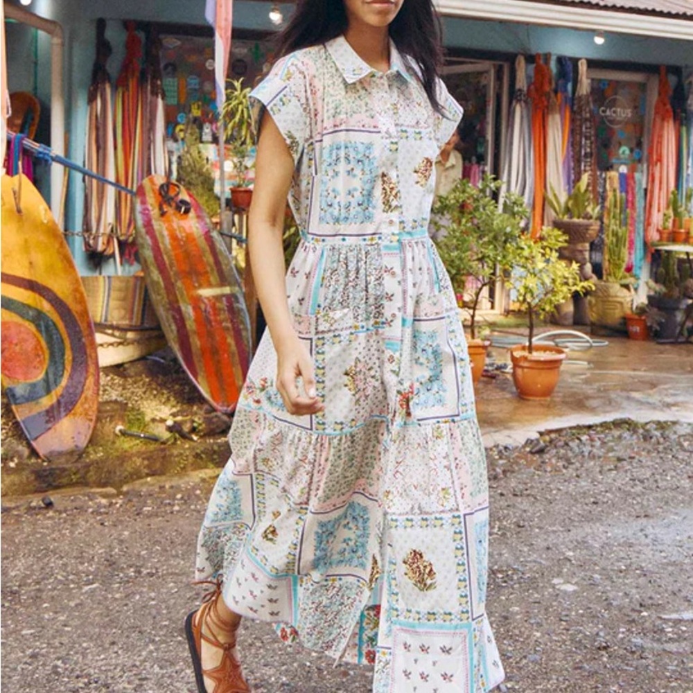 HUNTER BELL Blue and Pink Flutter Sleeve Polo Collar Sundress